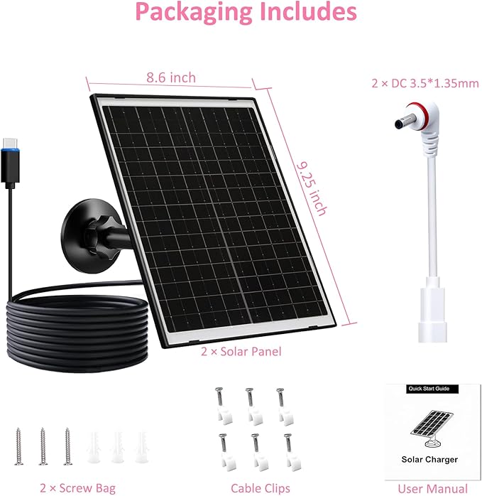 FUTUREZEN 10W Solar Panel for Ring Camera, DC 3.5×1.35mm & USB-C Solar Charger Compatible with Ring Stick Up & Spotlight Cam Battery Series, IP66 Waterproof, 7.2ft Charging Cable, 2 Pack
