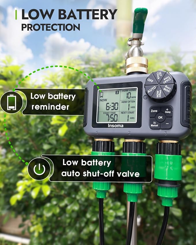 Insoma 3 Outlet Sprinkler Timer Brass Inlet & Outlet, Programmable Garden Hose Timer with Rain Delay, Manual& Automatic Watering System