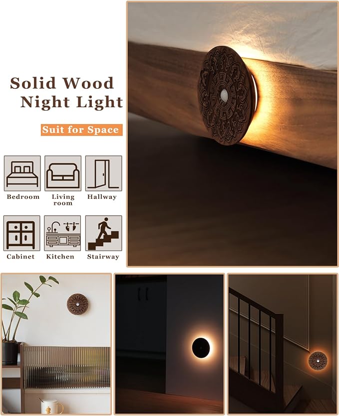 Carved Flower Wood Motion Sensor Night Light, Rechargeable Magnetic