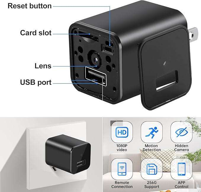 USB Charger Hidden Camera, WiFi Small Spy Security Camera, Full HD 1080P Mini Wireless Nanny Cam Motion Detection with App Live Feed for Home, Window, Indoor, Outdoor