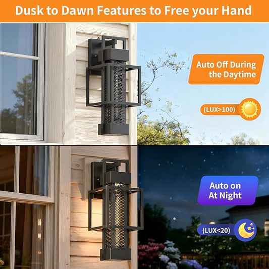 2 Pack Dusk to Dawn Outdoor Exterior Lighting Fixtures Wall Mount, Dimmable Wall Porch Lights for House, Sensor Outside Lantern Lamp, Waterproof Black Sconce Coach Lights for Garage (Bulb Included)