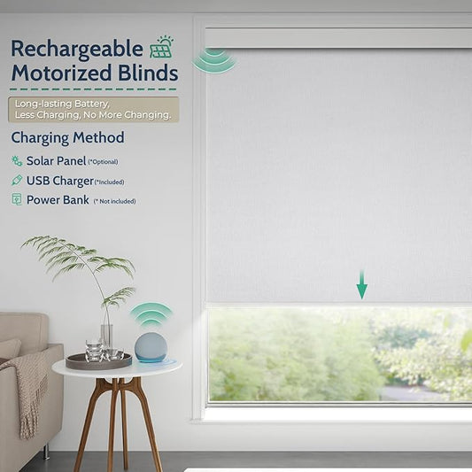 Motorized Blinds with Remote, Blackout Rechargeable Automatic Roller Shades, Cordless Smart Blinds Compatible with Alexa, Custom Blind for Indoor Windows, Moon River Snow