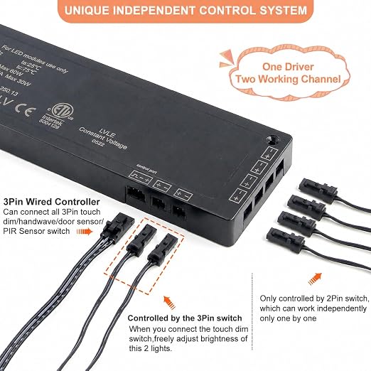 VST 60W LED Power Supply, 100V-240V AC to 12V DC Low Voltage Transformer with 12V JST Ports, Lighting Power Unit for Home Cabinet Use, ETL Listed, Black