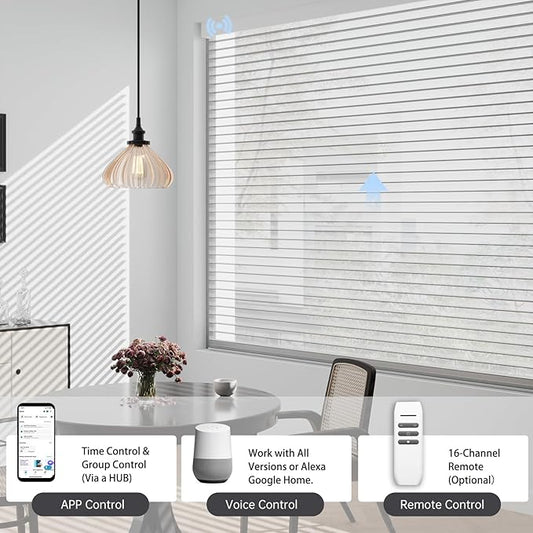 Motorized Sheer Shades with Remote, Automatic Dual-Layered Shades for Windows, Smart Light Filtering Blinds Compatible with Alexa, Custom Size (Room Darkening White)