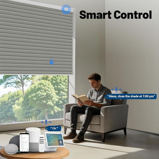 Motorized Cellular Shades with Remote, Blackout Smart Cellular Shades Compatible with Alexa, Cordless Honeycomb Window Blinds for Bedroom Home Office, Custom Size, Blackout Light Grey