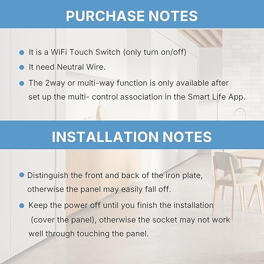 2nd Generation WiFi RF433 Smart Touch Wall Single Fire Smart Switch,No Neutral Wire Needed Compatible with Smart Life/Tuya App, Compatible with Alexa and Google Home