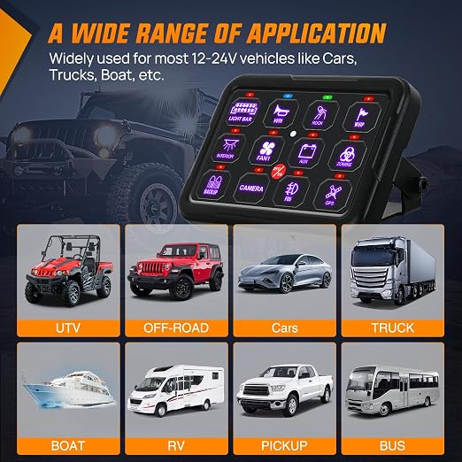 Nilight 12 Gang Switch Panel Relay System w/APP Control Automatic Dimmable | RGB Backlight Panel Circuit Control Fuse Wiring Harness ON Off LED Switches Pod for 12V 24V Cars Trucks Campers SUV