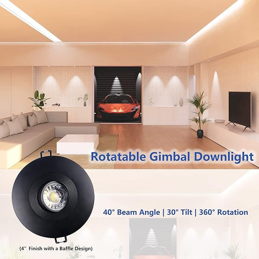 POPANU Premium Canless Recessed Gimbal Downlight Rotatable-Spotlight 5 CCT 4 Inch Eyeball Ceilling Potlight, Dimmable Lights Fixture with Junction Box, 8W Black Round Trim, with Baffle, 6P