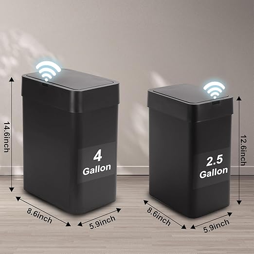 SYNCVIBE 2 Pack Bathroom Trash Can with Lid - 2.5 Gal and 4 Gal Motion Sensor Garbage Bin, Smart Rubbish Bin, Waterproof Slim Dustbin, Automatic Plastic Trash Can for Bathroom, Office, Black