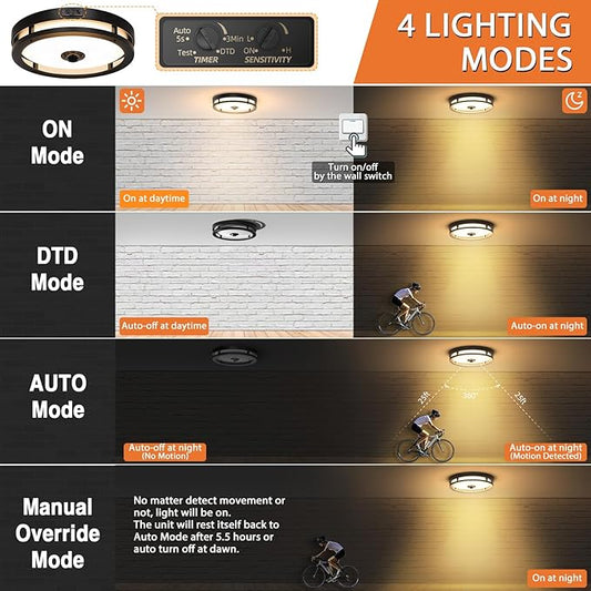 Outdoor Motion Sensor Flush Mount Ceiling Light, LED Outdoor Ceiling Light Fixture 2 Pack, 12" Dusk to Dawn Porch Ceiling Light, Black Modern Exterior Light for Farmhouse Garage Hallway Entry