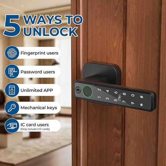 FITNATE Smart Fingerprint Door Lock, Keyless Entry Door Lever with APP, IC Card, Code, Key & Biometric Unlock for Bedroom, Home, Hotel, Office, Apartment, Matte Black