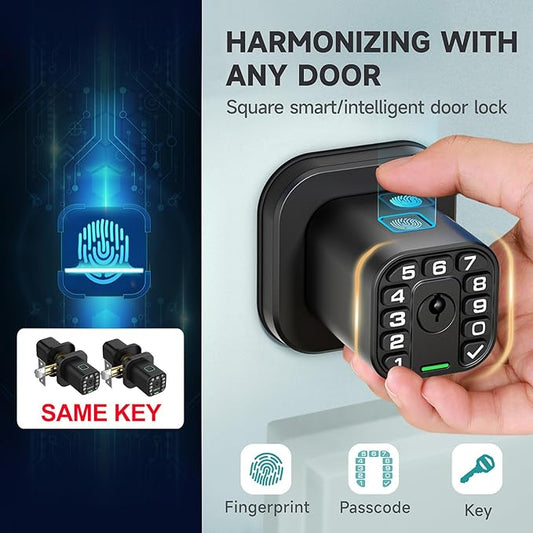 Richelock Fingerprint Door knob, Smart Biometric Door Lock with Keypad, Keyless Entry Code Door Knob, Waterproof & Weatherproof , Auto Lock ,Voice Navigation, For Bedroom, Gate,Office