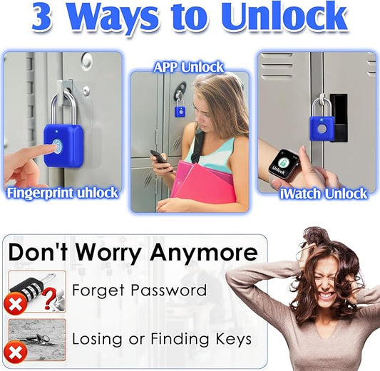 Pothunder Fingerprint Padlock, Smart Padlock, Locker Lock, Fingerprint Lock with APP Unlock, USB Rechargeable, Suitable for Gym Locker, Locker(Sapphire Blue)