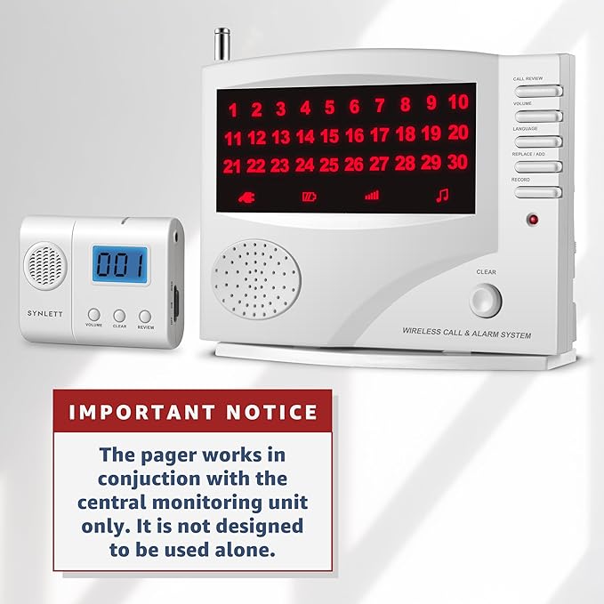 Wireless Caregiver Pager with LCD Number Monitor Alert Tone Silent Mode Compatible with SYNLETT Wireless Nurse Call System Caregivers Nurses Service Staff Must Pair to CMU to Function