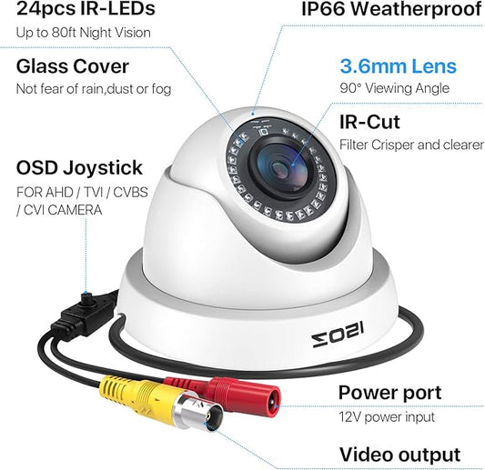 ZOSI 2.0MP HD 1080P 1920TVL Hybrid 4-in-1 TVI CVI AHD 960H CVBS CCTV Dome Security Camera Indoor Outdoor, 80ft Night Vision, IP66 Weatherproof for HD-TVI, AHD, CVI and CVBS/960H Analog DVR(White)