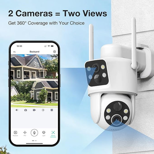 TKENPRO Dual Lens Solar Security Cameras Wireless Outdoor, 2K Full HD Video, 360° View Pan/Tilt Home Security Camera with Color Night Vision, Easy to Install, PIR Alarm, 2.4GHz WiFi