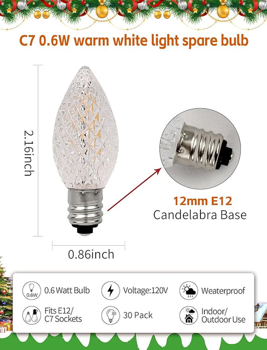 30-Pack C7 Diamond Faceted LED Replacement Bulbs, Shatterproof Warm White, Brighter Illumination, 0.6W Energy Efficient, E12 Base for Outdoor Christmas & Patio String Lights