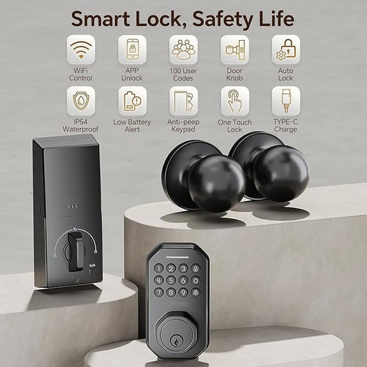 Ulecoce Keyless Entry Door Lock Set WiFi Smart App Control Door Lock for Front Door Keypad Deadbolt with 2 Knobs Auto Lock One Time Codes Easy Install, Black