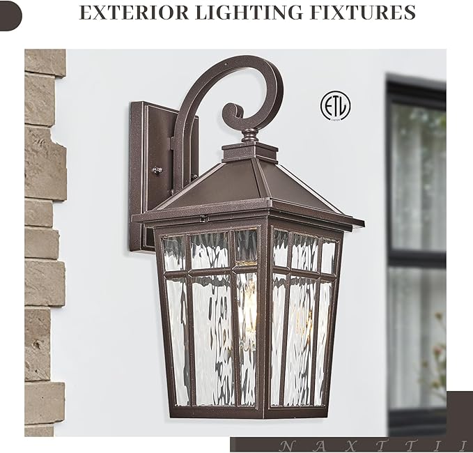 Porch Lights Outdoor 14 Inch Height Exterior Lighting Fixtures ORB Finish and Water Ripple Glass Outside Lights for House Garage and Garden E26 Socket