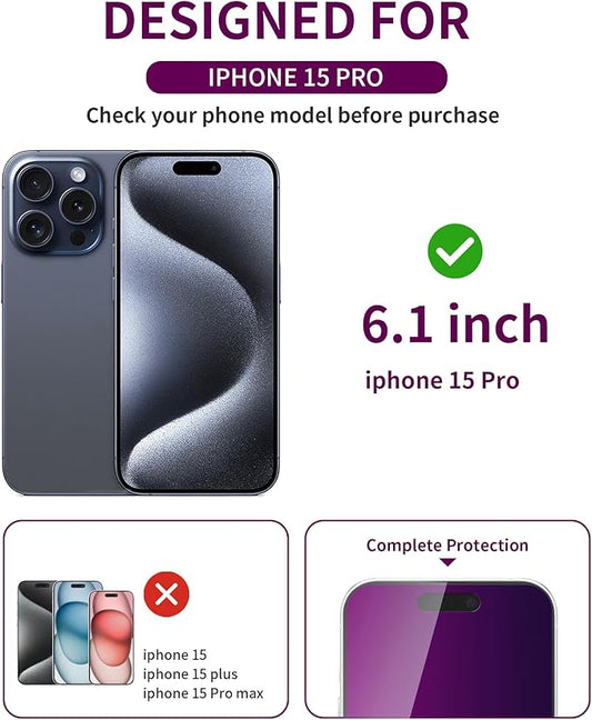 3 Pack Privacy Screen Protector for iPhone 15 Pro Tempered Glass 6.1inch Private Saver Anti-Spy Eye Protection Anti-Scratch Full Coverage