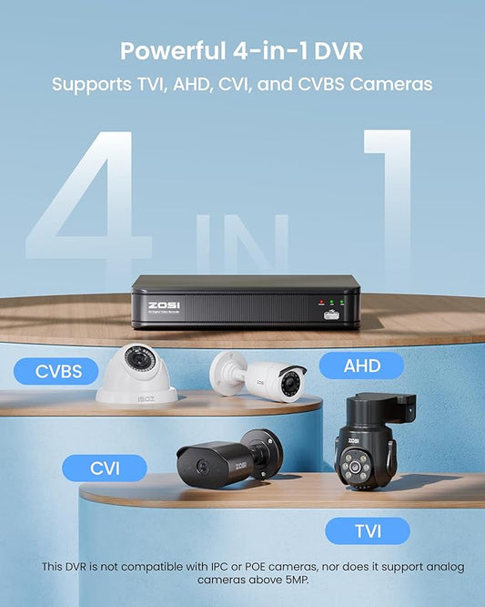 ZOSI 8 Channel 5MP 3K Lite H.265+ CCTV DVR Recorder with 500GB HDD, Hybrid 4-in-1 TVI/CVI/AHD/Analog 1080p HD Surveillance DVR for Security Camera, AI Human Vehicle Detect, Alert Push, Remote Access