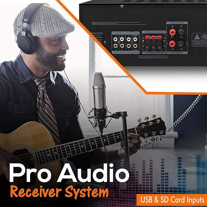 Professional Home Stereo Receiver with USB and SD Card Inputs, MP3 (AUX), 1000 Watts, 2 Mic Inputs, Recorder, Wireless Remote, FM Digital Tuner