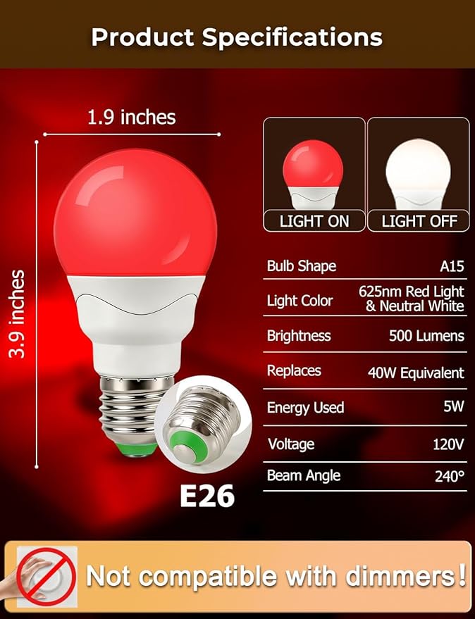 LED Red Light Bulbs for Sleep with Remote Control, E26 Circadian Light Bulb A15, 5W(40W Equivalent) for Sleep Therapy, Baby Nursery, Bedroom (4 Packs)
