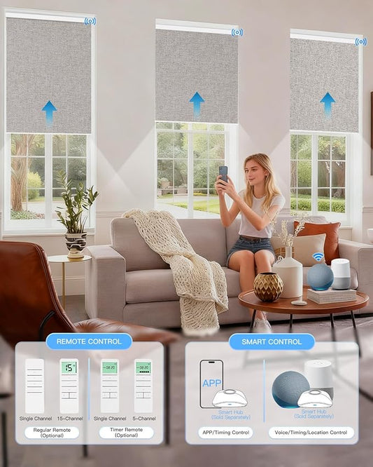 Tokblind Motorized Roller Shade with Remote Control, Blackout Electric Shade for Windows Compatible with Alexa Google via Hub, Rechargeable Smart Window Blind for Home Office (Fabric Wheat)