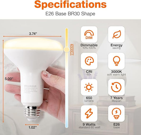 Sylvania ECO LED BR30 Light Bulb, 65W = 9W, Dimmable, Frosted Finish, 650 Lumens, 3000K, Neutral White - 4 Pack (41101)