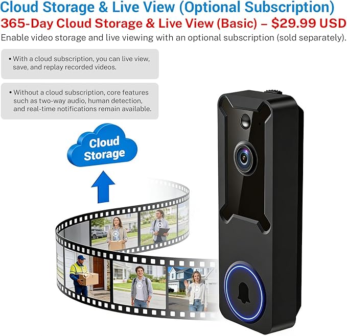 Wireless Wi-Fi Surveillance Cameras, Doorbell Camera with Two Way Audio, AI Human Detection, 2-Way Talk,Night Vision and Cloud Storage, 2.4G Wi-Fi Only