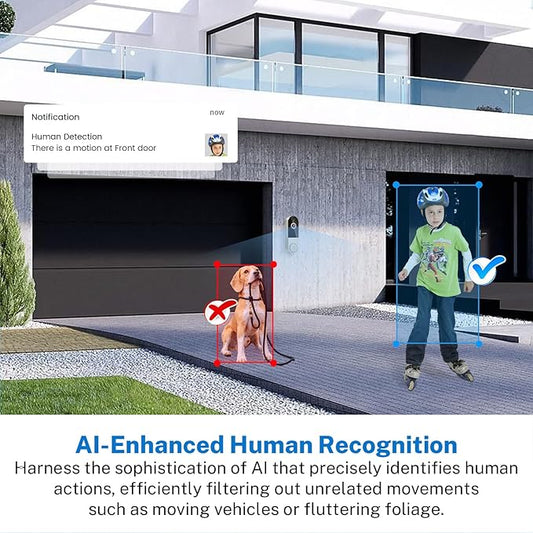 1080p Wireless Doorbell Camera with Receiver, AI Human Detection, 2-Way Audio, Night Vision, Cloud Storage (Sold Separately), Real-Time Alerts, Rechargeable Battery-Powered, 2.4Ghz Wi-Fi