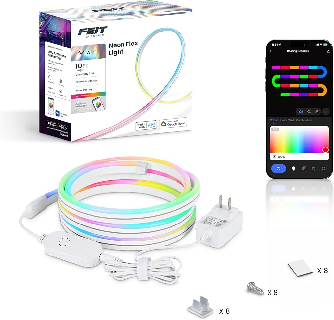 Feit Electric Smart Neon Strip Lights 10FT, Flexible RGBW Color Chasing LED Light Strip, 2.4GHz WiFi Enabled, Works with Alexa and Google Home Assistant, 22W, Music Sync, App Control NF10/CHASE/AG