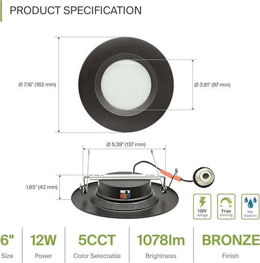 ASD 6 Pack Bronze Retrofit LED Recessed Lighting 6 Inch - 12W 2700K-5000K 1078LM Can Lights for Ceiling 6 Inch, Dimmable Bronze Recessed Lights, Baffle Trim Wet Rated Wafer Lights, ETL, Energy Star