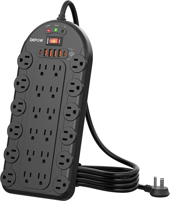 DEPOW Power Strip, 24 AC Outlets (1875W/15A) with 6 USBs (2 USB-C Ports), ETL Listed, Surge Protector (3,400 Joules), 8 Ft Heavy Duty Flat Plug Extension Cord, Wall Mountable for Home, Office, Black