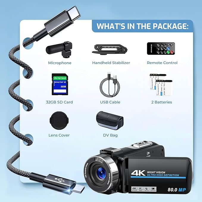 Camcorder Video Camera 4K 80MP Ultra HD Vlogging Camera for YouTube 18X Digital Zoom IR Night Vision 3.0" IPS Screen Video Recorder With Handheld Stabilizer, Microphone, 32G SD Card and Remote Control