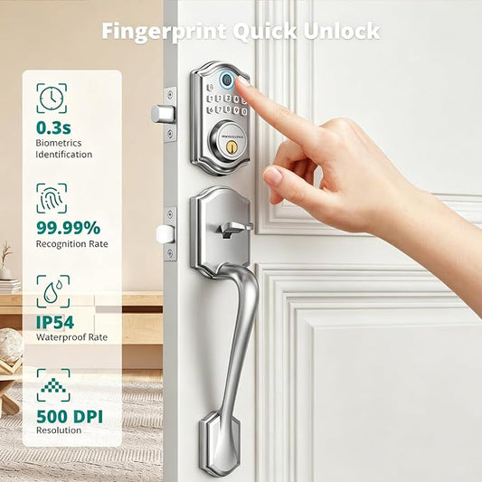 AkaGear Fingerprint Keyless Entry Door Lock Keypad Deadbolt with Handle Set | Smart Lock for Front Door, Front Door Lock Set, Passcode Unlock, 2 Keys, Auto-Lock, Brushed Nickel