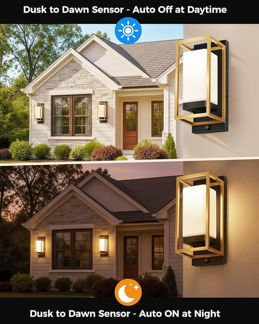RAYVO Modern Outdoor Wall Light with Dusk to Dawn Sensor, Waterproof Exterior Lighting Fixtures with E26 Base, Bulb Included, Outdoor Sconce Lights for Porch Garage Entryway, Black Gold, 2 Pack