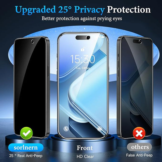 (3 Pack) sorlnern Privacy Screen Protector Tempered Glass Compatible for iPhone 16 Pro - Shatterproof/Anti-Scratch/Anti-Spy/Durable/Touch-Sensitive/Fingerprint Resistant/Case-Friendly/Bubble-Free (Not Compatible for iPhone 16 Pro Max)