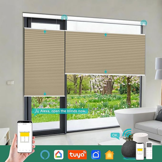 Motorized Top Down Bottom Up Cellular Shades with Remote, Custom Cordless Smart Honeycomb Blinds, Automatic Electric Blackout Window Blinds Work with Alexa Google for Home Office, Light Brown
