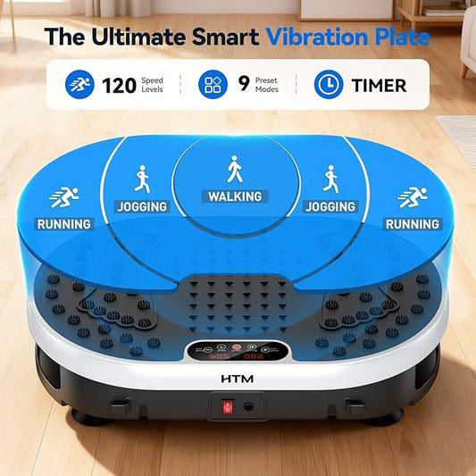 HTM Vibration Plate Exercise Machine, 9 Modes & 120 Speeds, Body Shake Plate with Resistance Bands Slot & Remote Control, 300 Lbs Capacity Shake Board for Weight Loss Fat Burner Home Fitness Workout