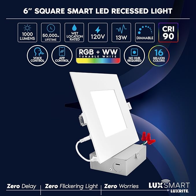 LUXRITE 6 Inch Square Smart LED Recessed Lighting, RGBW Color Changing, WiFi App Control, Voice Control with Alexa and Google Home, No Hub Required, 13W 1000LM, CRI 90, IC Rated, Wet Rated