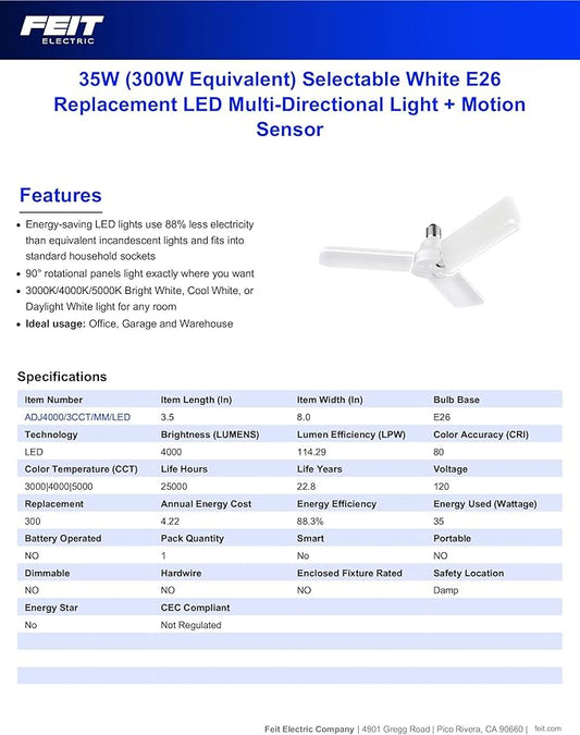 Feit Electric LED Garage Light, Multiple Adjustable Panels, E26 Base, Ideal for Garage, Workshop, Shed, 25,000-Hour Lifetime