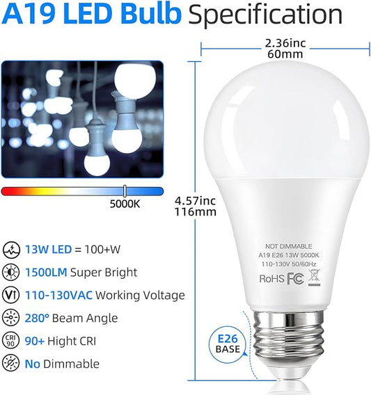 12-Pack A19 LED Light Bulbs 100 Watt Equivalent, 13W 1500 Lumens Super Bright 5000K Daylight White LED Bulbs, Standard E26 Medium Screw Base Light Bulb, No Flicker, CRI90+, Non-Dimmable