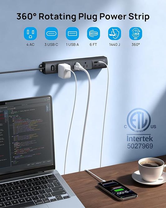 TROND 360° Rotating Plug Surge Protector, Power Strip with USB Ports, 3 USB C and 1 USB A, 1440 Joules, ETL Listed, 1625W, Wall Outlet Extender, 6ft Extension Cord for Home Office Dorm, Black