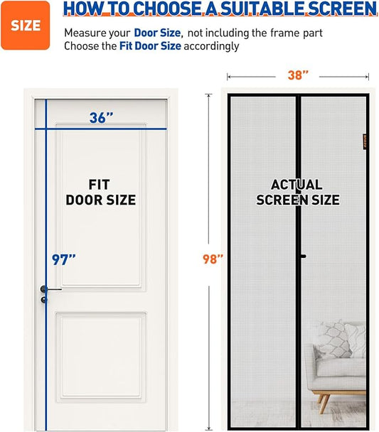 MAGZO Magnetic Screen Door Fit Door Size 36 x 97 Inch, Screen Size 38" x 98" Strong Magnets Mesh, Reinforced Fiberglass Net for Patio and Front Entrances, Gray