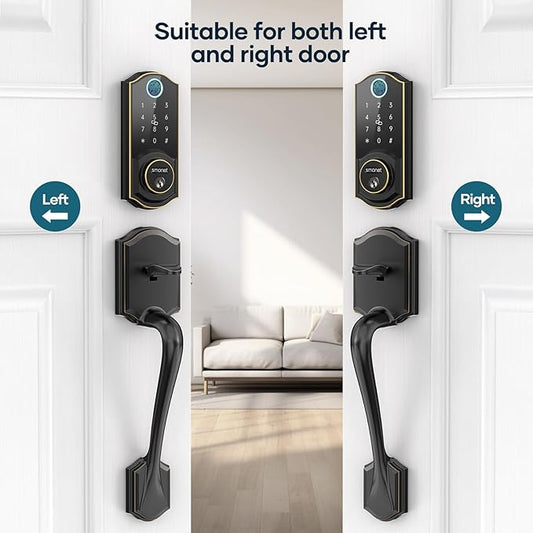 SMONET Front Door Lock Set Keyless Entry, Smart Door Lock with Handle, Fingerprint Keypad Bluetooth Alexa Deadbolt Lockset Suitables for Rental Management and Smart Home Residents