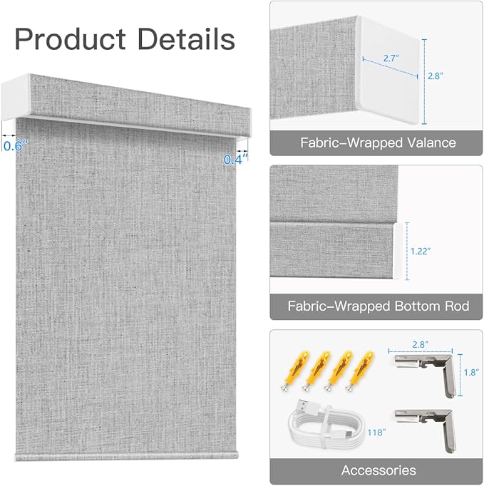 Tokblind Motorized Blackout Roller Shade Fabric Covered Valance and Bottom Rod, Remote Control Electric Window Blind Compatible with Alexa Google via Hub, Custom Size (Light Grey - Wrapped Fabric)