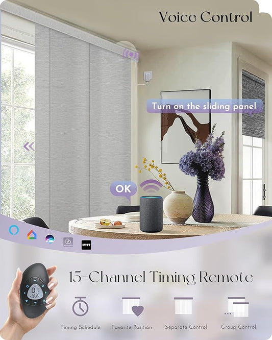 Graywind Motorized Sliding Panel Blinds Light Filtering Compatible with Alexa Google Smart Custom Panel Track Blinds Remote Control for Patio Sliding Door (Dimout Jacquard Grey)