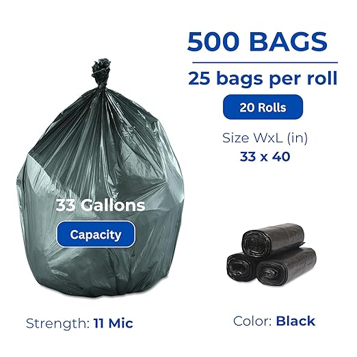 Inteplast 33 Gal Capacity Coreless Roll Trash Can Liner, 33 x 40 Inches, 11-Micron Thickness, Black Color, 25 Bags per Roll, 20 Rolls (500 Count) | S334011K