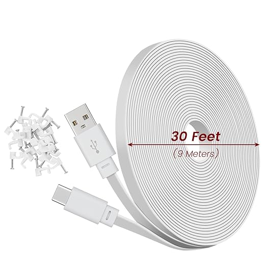 30ft Power Extension Cable for Tapo TP-Link 2K QHD C120 Security Camera - 9m USB C Long Flat Charging Cord with 18W Fast Charger, White